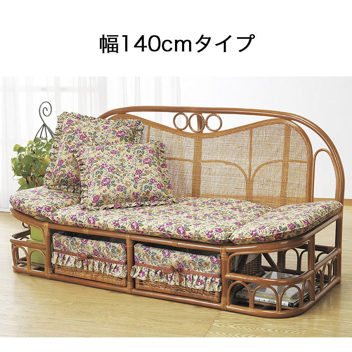 東京ラタン 天然籐ハイバックカウチソファ 2人掛け 2P 二人掛け ベンチ 天然木材 横幅120cm 140cm 160cm おしゃれ オシャレ お洒落 ダイニングソファ ダイニングチェア ダイニングベンチ コンパクト ファブリック 布地 和室 カゴ 籠 収納付き 引き出し付き ソファ下